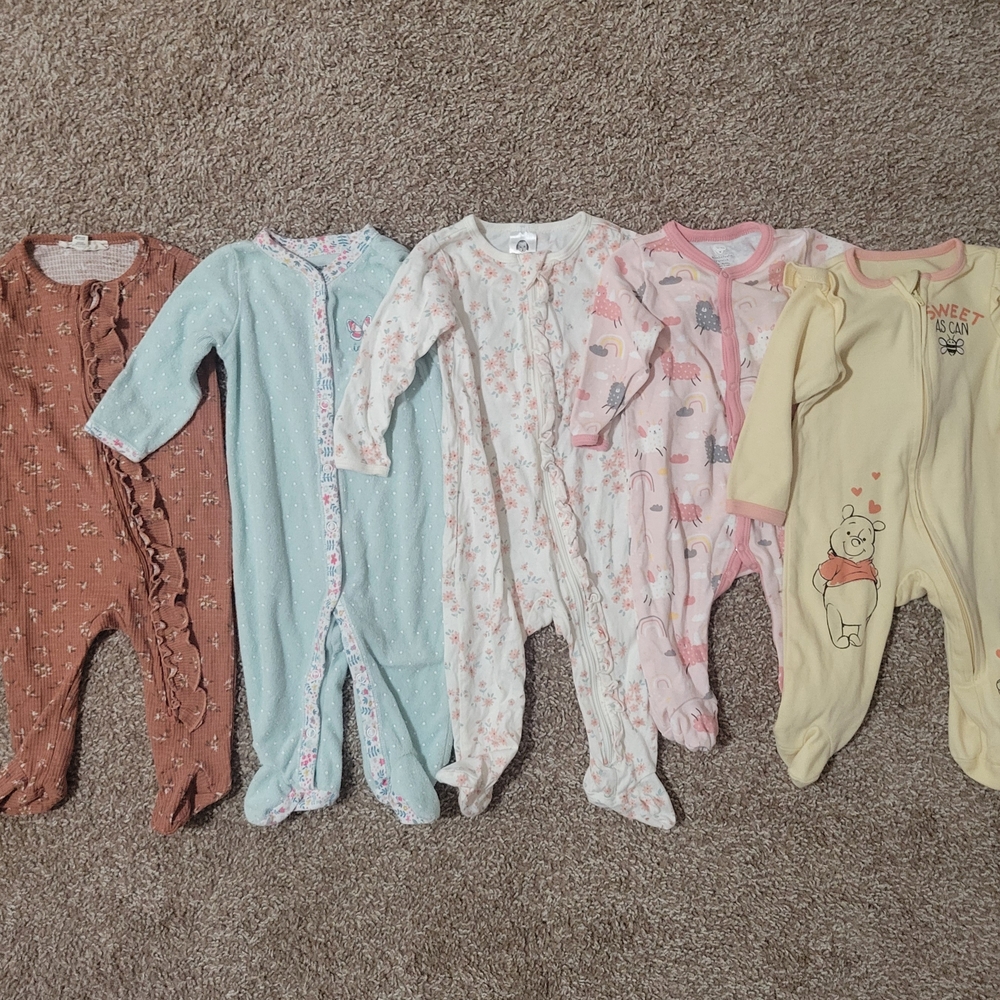 Baby Girl Zipper And Button Footies Size 3-6 Months Lot Of 5